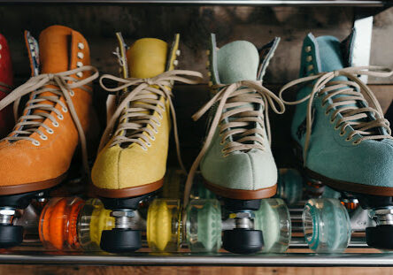 rollerskating party rollerskates in assorted colors on a shelf